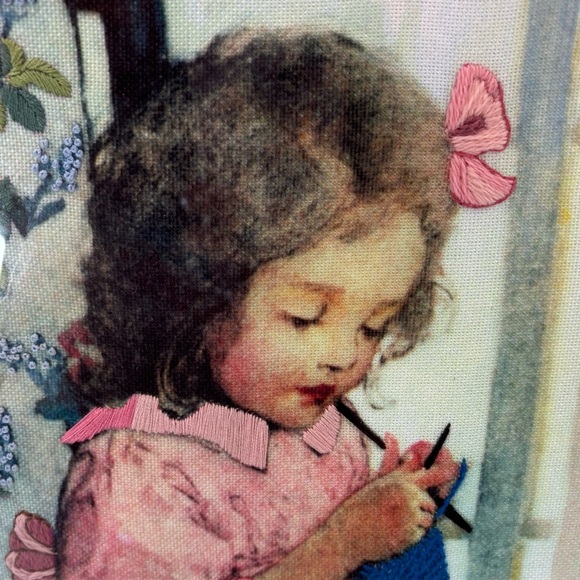 Vtg “Alice Knitting” Crewel Embroidery Framed Jessie Wilcox Smith Art 22x17” - Picture 3 of 10